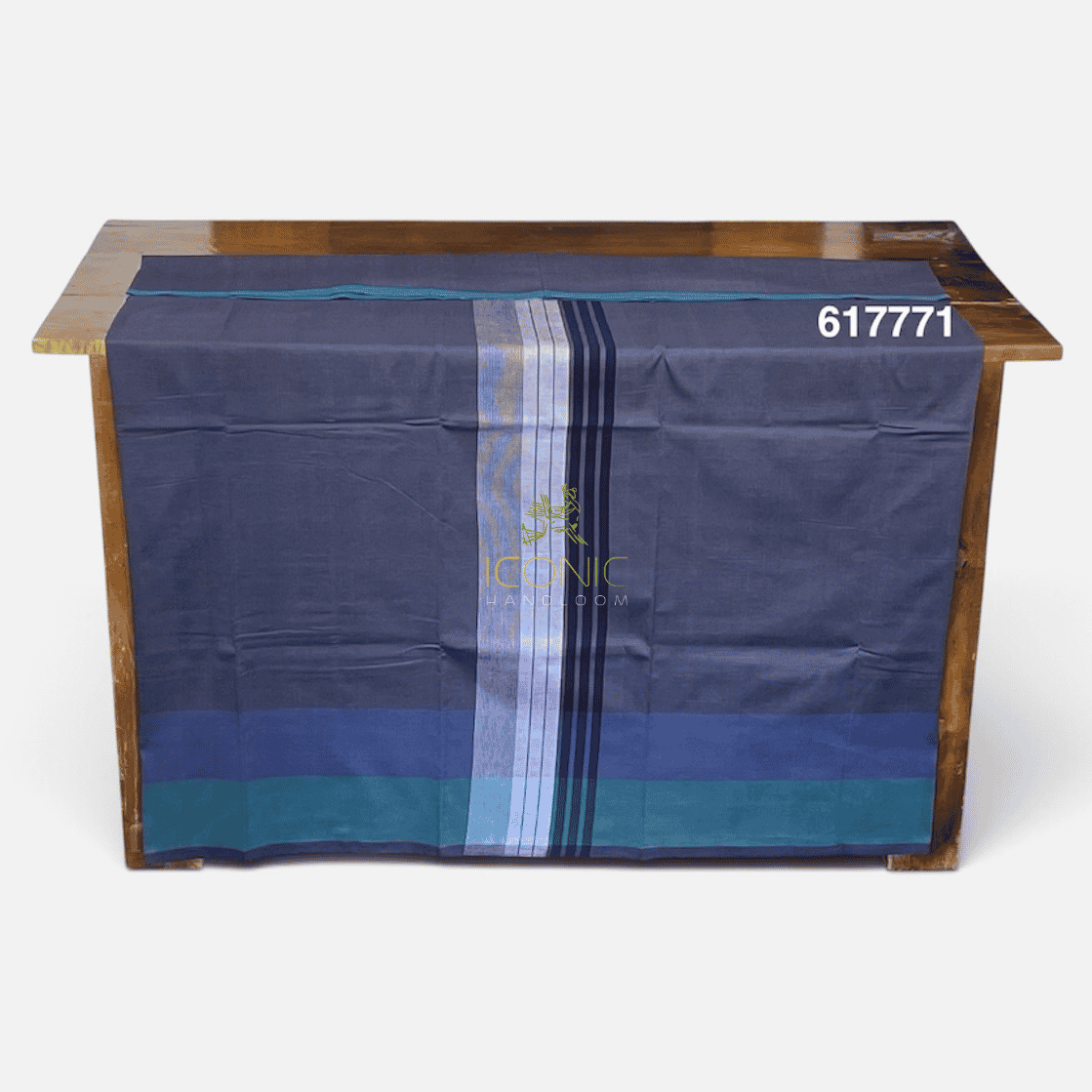Handloom Cotton Sarong - Bluish Grey and Silver with Dark Blue  -  ICS 617771