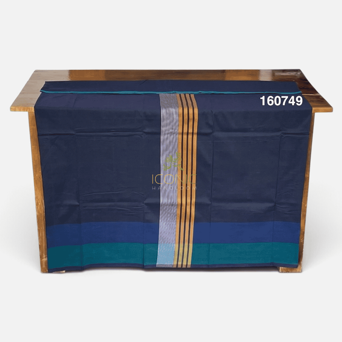 Handloom Cotton Sarong - Deep Teal, Golden Yellow and Silver with Brown  -  ICS 160749