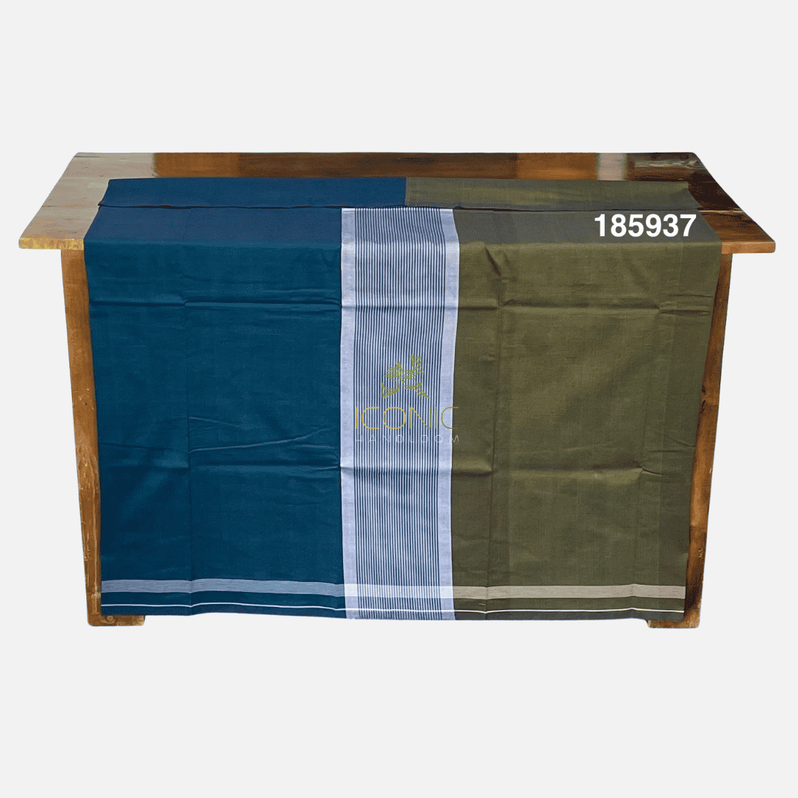Handloom Cotton Sarong - Olive Green and Teal with Silver  -  ICS 185937
