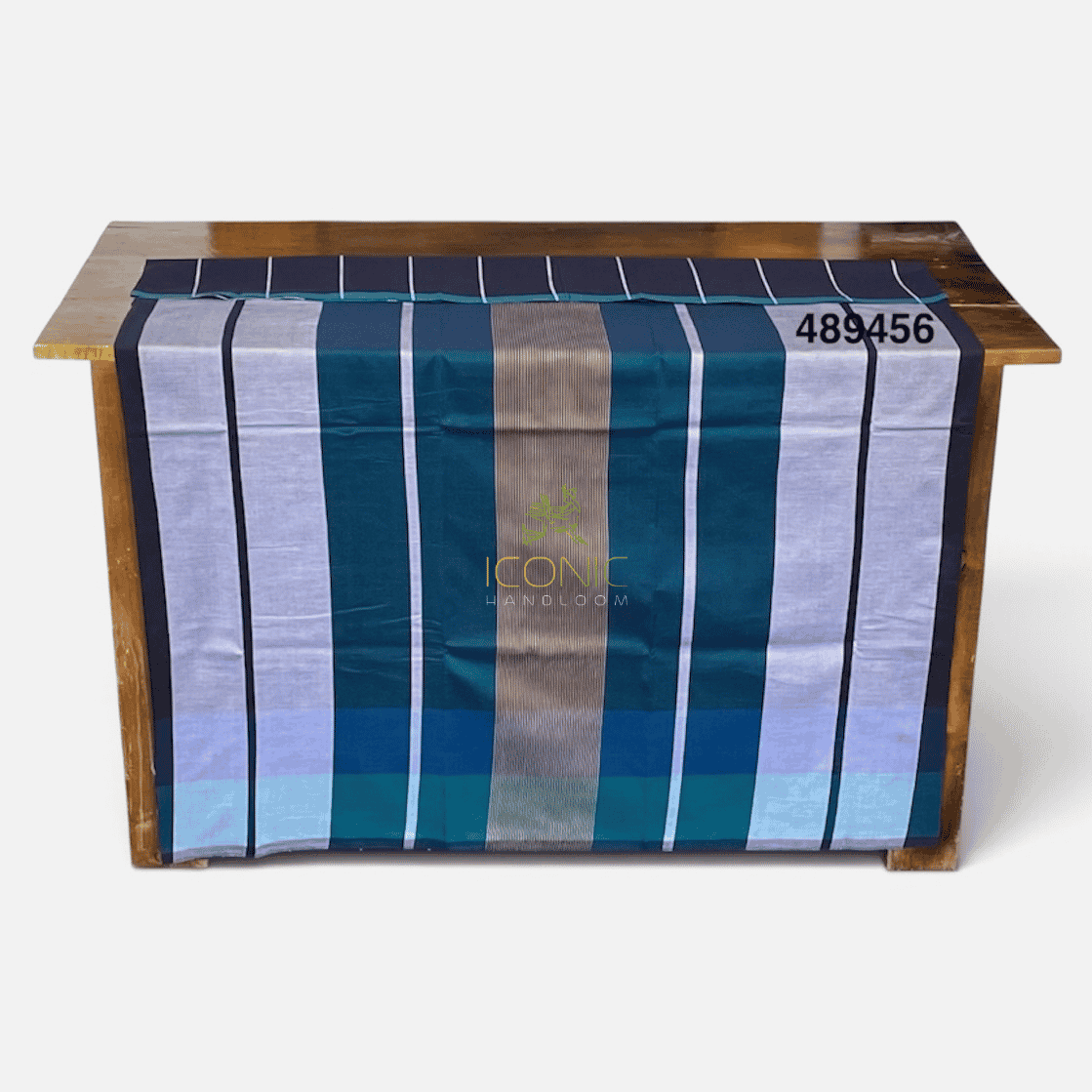 Handloom Cotton Sarong - Beige, Teal and Silver with Steel Blue  -  ICS 489456