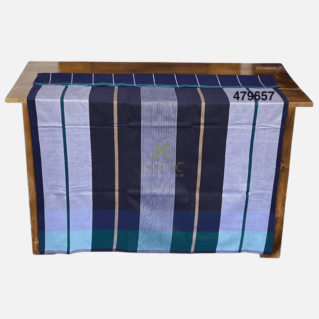 Handloom Cotton Sarong - Steel Blue, Beige, Teal and Silver with Deep Royal Blue  -  ICS 479657